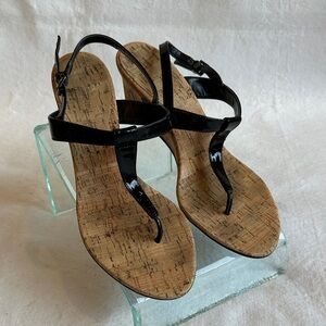 Black Patent Leather & Cork Wedge Heeled Sandals size 8